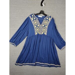 Solitaire Tunic Dress Womens Large Blue Yellow Embroidered Boho‎ Peasant Rayon